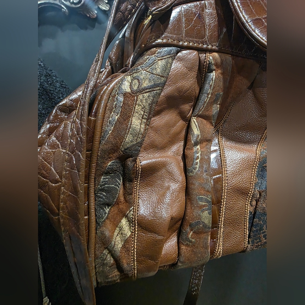 Vtg Brown Patchwork Croc Embossed Shoulder Bag 15… - image 8